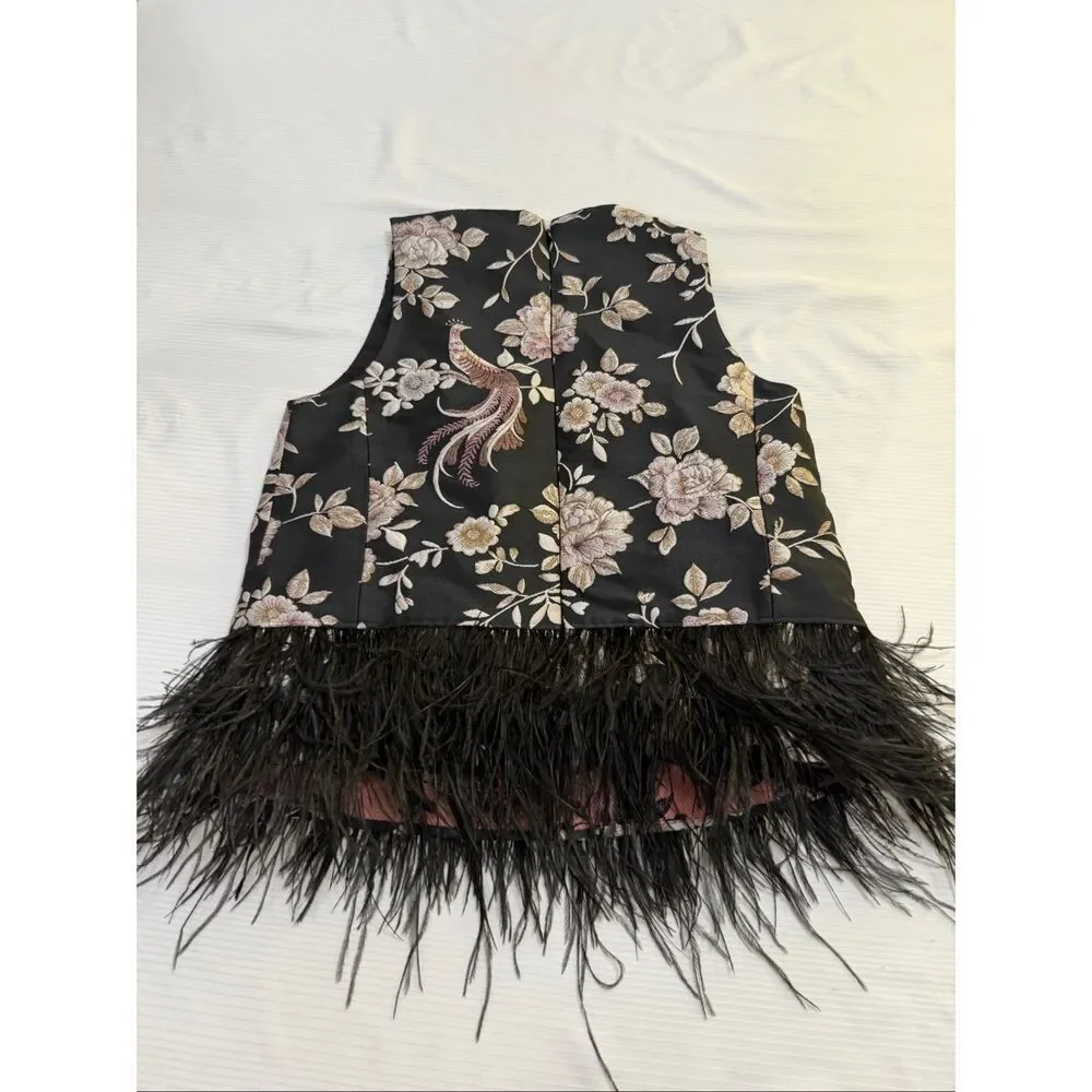 Kate Spade Madison Ave Chinoiserie Padma Black Feathers Sleeveless Top Womens 0